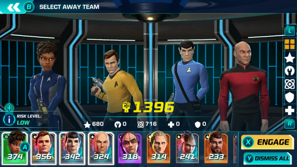 Kirk, Picard, Spock and Burnham prepare for an away mission in Star Trek: Legends