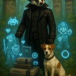 An AI generated image of a n anthropomorphised Badger in a trenchcoat and stetson stands in front of an ancient ruin of retro video games. His trustry sidekick Scamp, a whaite and tan Jack Russel sits by his side