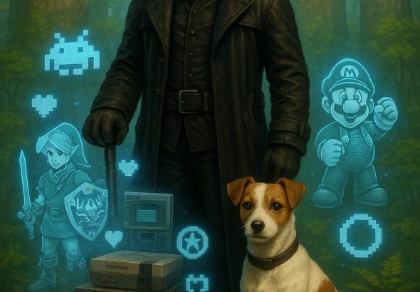 An AI generated image of a n anthropomorphised Badger in a trenchcoat and stetson stands in front of an ancient ruin of retro video games. His trustry sidekick Scamp, a whaite and tan Jack Russel sits by his side