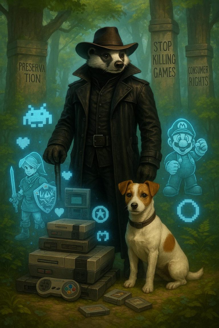 An AI generated image of a n anthropomorphised Badger in a trenchcoat and stetson stands in front of an ancient ruin of retro video games. His trustry sidekick Scamp, a whaite and tan Jack Russel sits by his side