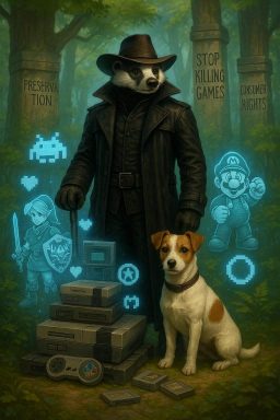 An AI generated image of a n anthropomorphised Badger in a trenchcoat and stetson stands in front of an ancient ruin of retro video games. His trustry sidekick Scamp, a whaite and tan Jack Russel sits by his side